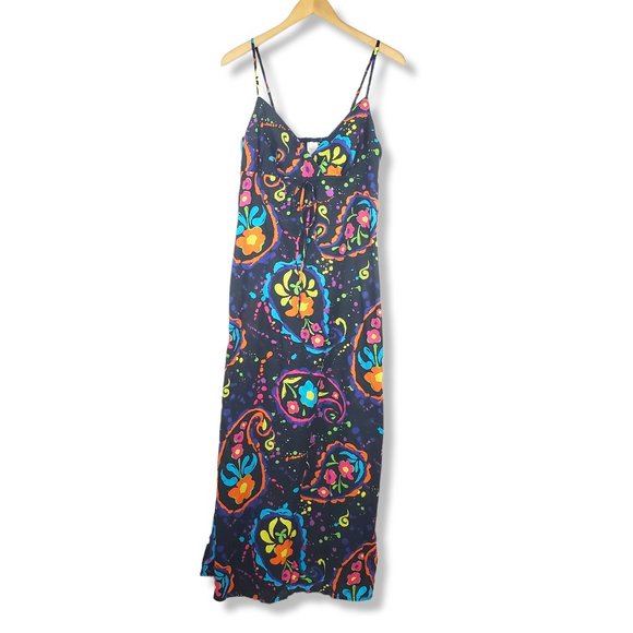 Xhiliration Black Vibrant Rainbow Paisley Paint Splatter Maxi Dress Size Medium - Picture 1 of 10